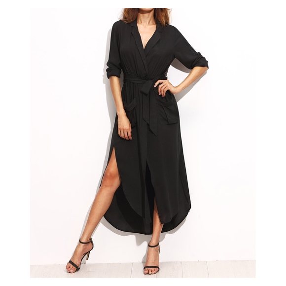 Black Button Down Maxi Shirt Dress Belted - Picture 5 of 7